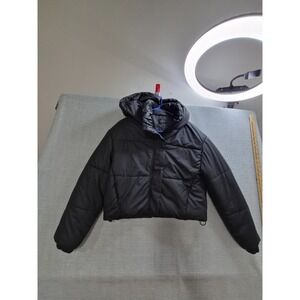 One & Only Puffer Insulated Jacket Girls Small Black Hooded Hidden Full Zip